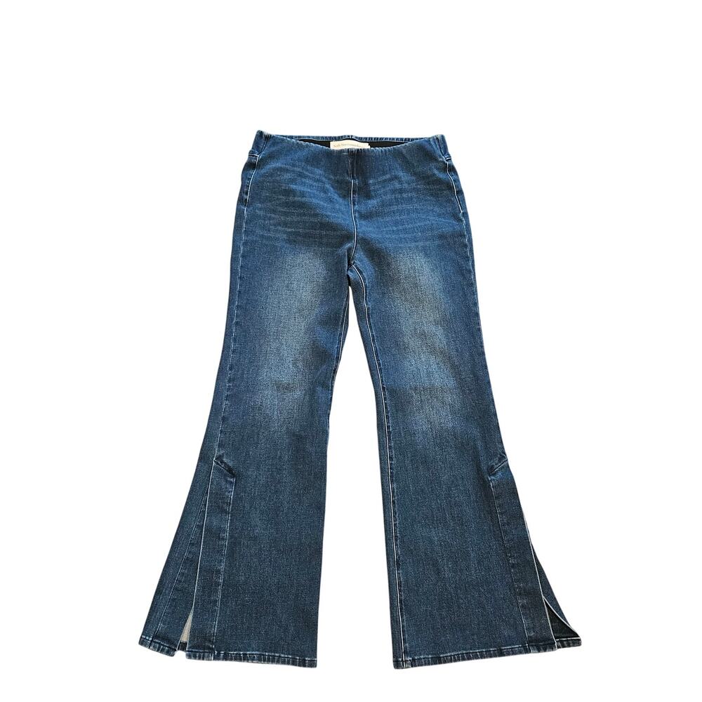 Soft surroundings wide leg flare stretchy jeans womens medium 8/10 dark denim